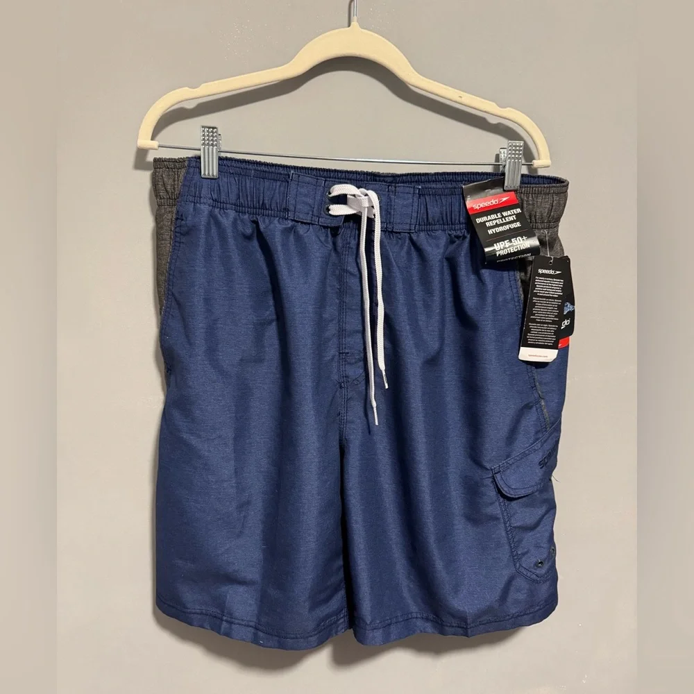 NWT- Speedo men’s swim trunks. Blue and Gray, Size XL